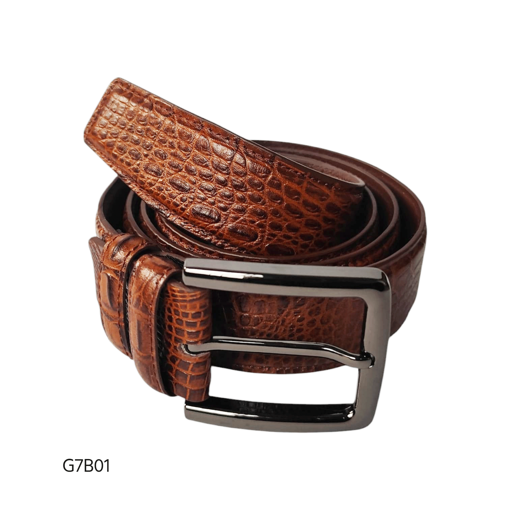 Crocodile Print Leather Belt G7B01 Brown